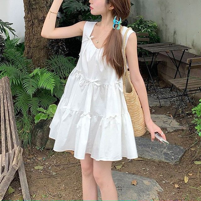 화이트 미니원피스 민소매 이너웨어 캉캉 리본 흰원피스 휴양지 제주도 셔링