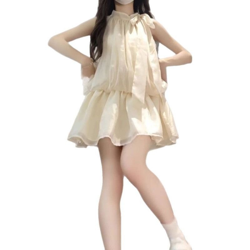 화이트 미니원피스 민소매 레이어드 리본 홀터넥 셔링 이너웨어 펀칭 자수 캉캉 리본 흰원피스 휴양지 제주도