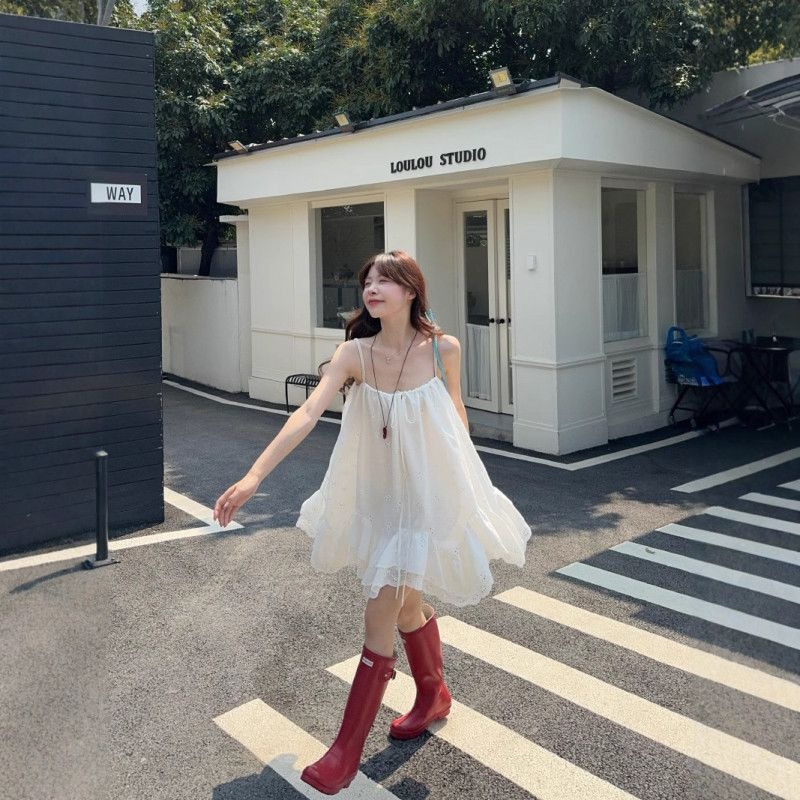 화이트 미니원피스 민소매 펀칭 이너웨어 레이스 자수 레이어드 캉캉 리본 흰원피스 휴양지 제주도 신혼여행