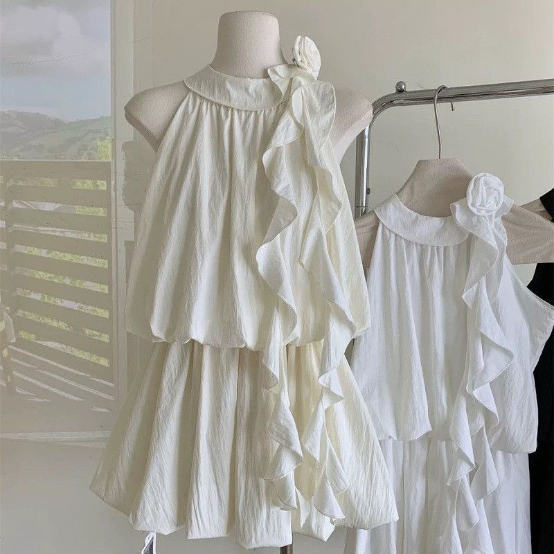 화이트 미니원피스 민소매 자수홀터넥 레이스 레이어드 이너웨어 캉캉 리본 흰원피스 휴양지 제주도