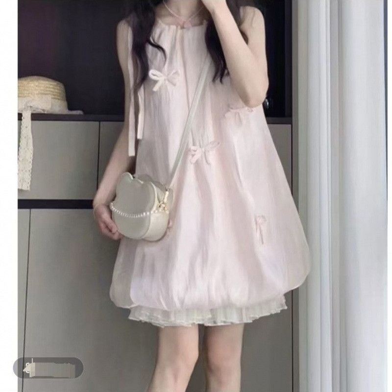 연핑크 미니원피스 민소매 레이스 레이어드 리본 이너웨어 자수 캉캉 리본 흰원피스 휴양지 제주도