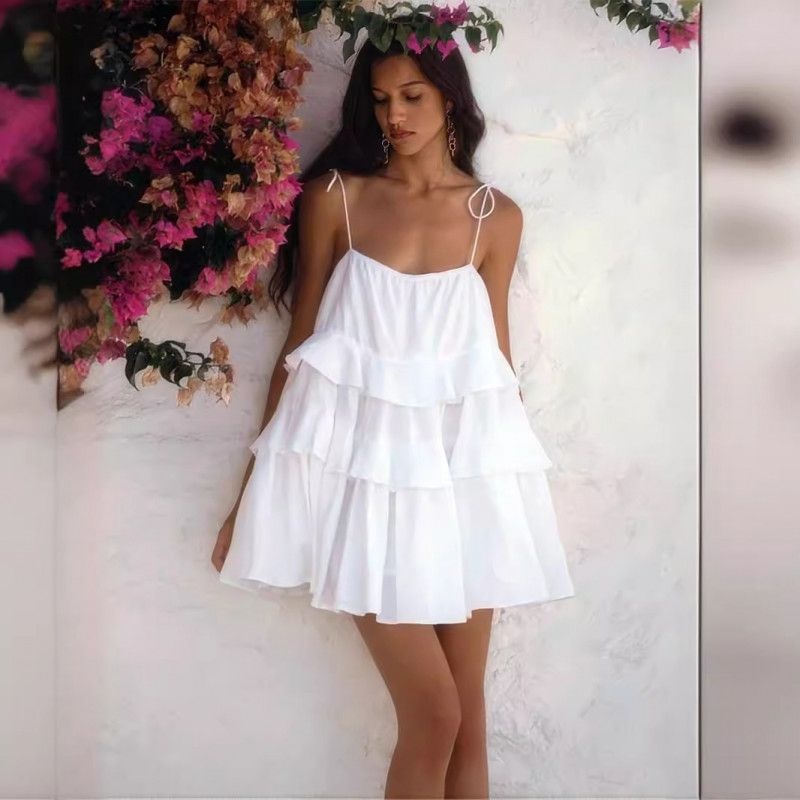 화이트 미니원피스 민소매 이너웨어 레이스 자수 레이어드 펀칭 캉캉 리본 흰원피스 휴양지 제주도 신혼여행