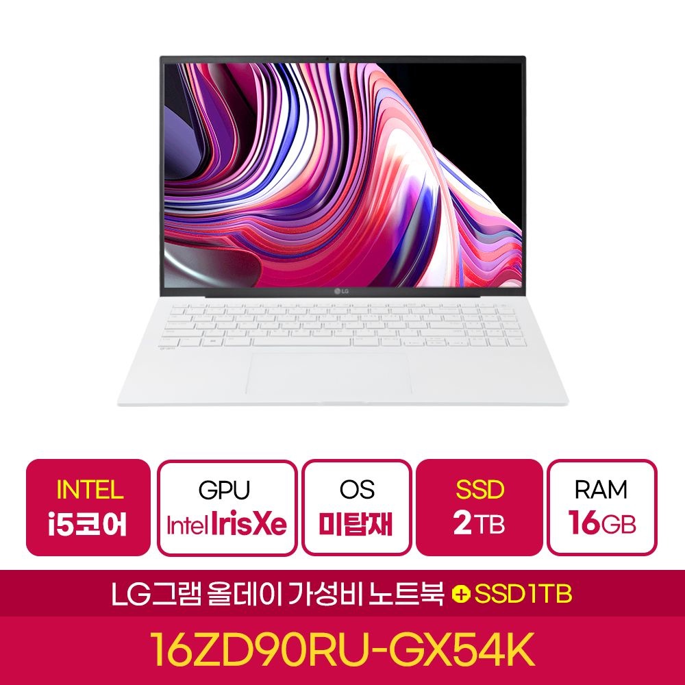 LG전자 LG그램 16ZD90RU-GX54K 휴대용 인기 노트북 인텔 I5 16GB SSD 2TB교체 챗클라우드 증정 1TB 추가 (EGD)