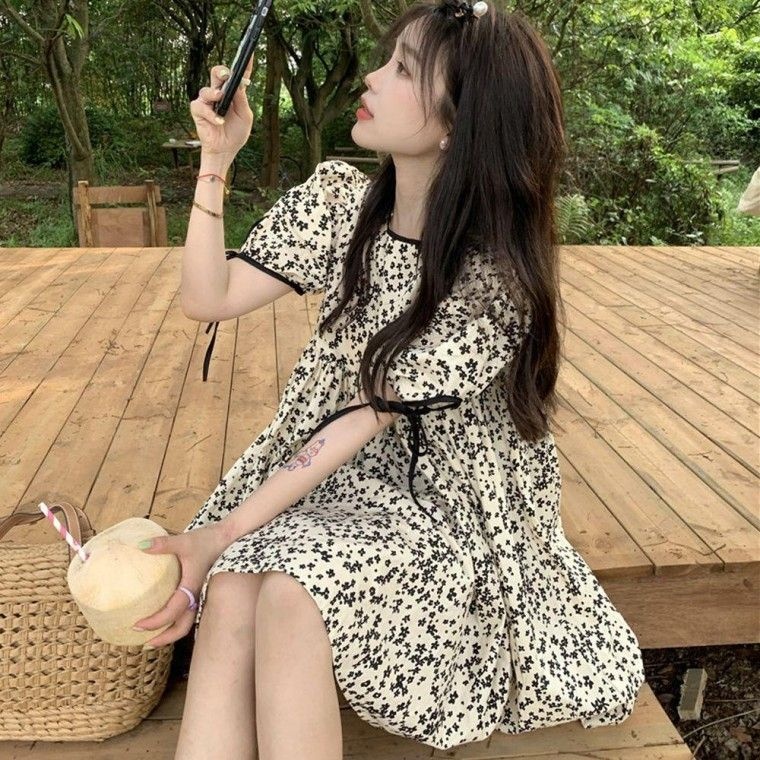 [STYLELUX]귀여운 여성 나들이 패션 플라워 패턴 미니 원피스 여자 니트 치마 여름 반팔 카라