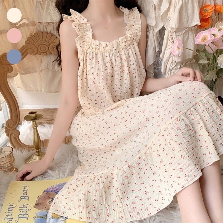 [STYLELUX]여성 귀여운 체리 패턴 밴딩 레이스 포인트 민소매 홈웨어 잠옷