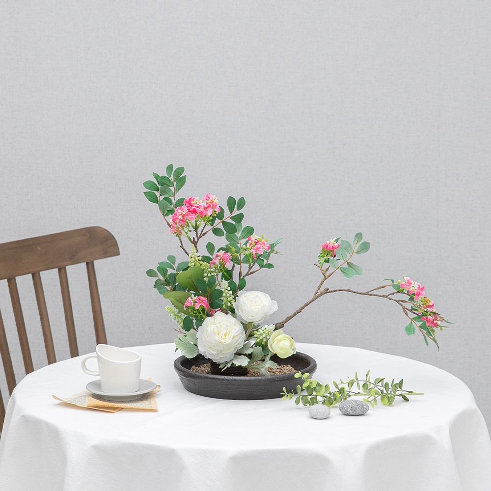 [오늘출발] 플라워트리 아카시아 작약 조화 센터피스 수반 set 50cm 인테리어 꽃 테이블 행사 장식 소품 꾸미기