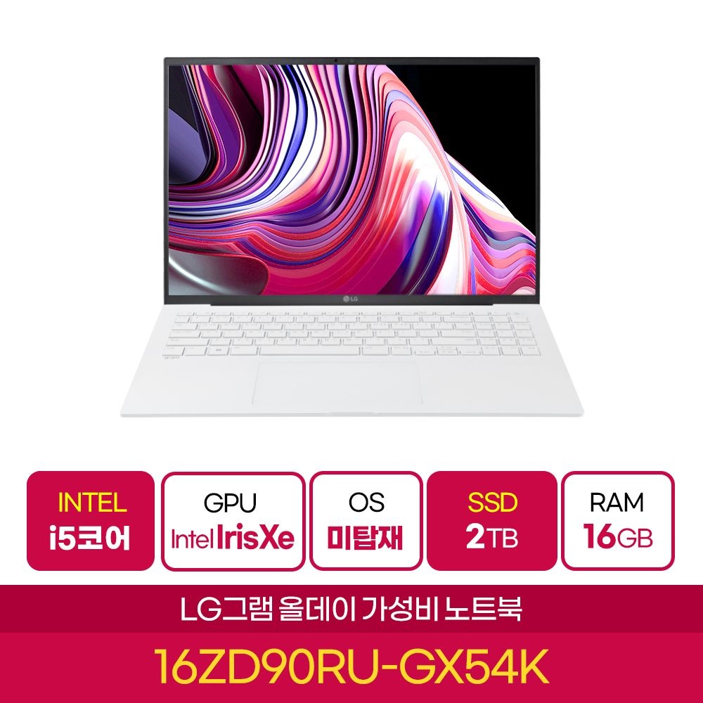 LG전자 LG 그램 16ZD90RU-GX54K 휴대용 인기 노트북 인텔 I5 16GB SSD 2TB교체 챗클라우드 증정 (EGD)