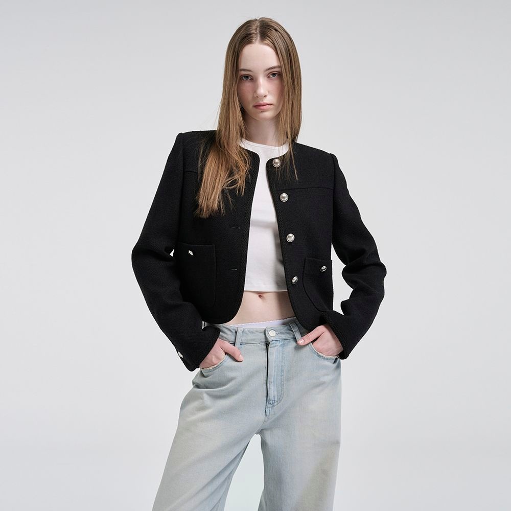 Curved Round Tweed Jacket, Black