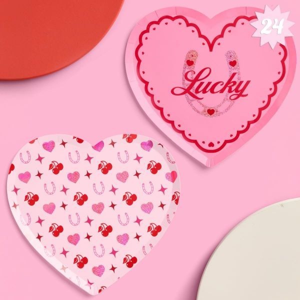[xo, Fetti]xo, 페티 핑크 럭키 인 러브 종이접시 | 24개입 9인치 웨스턴 처녀 파티 장식, 베가스 세팅, 카지노 생일 귀여운 체