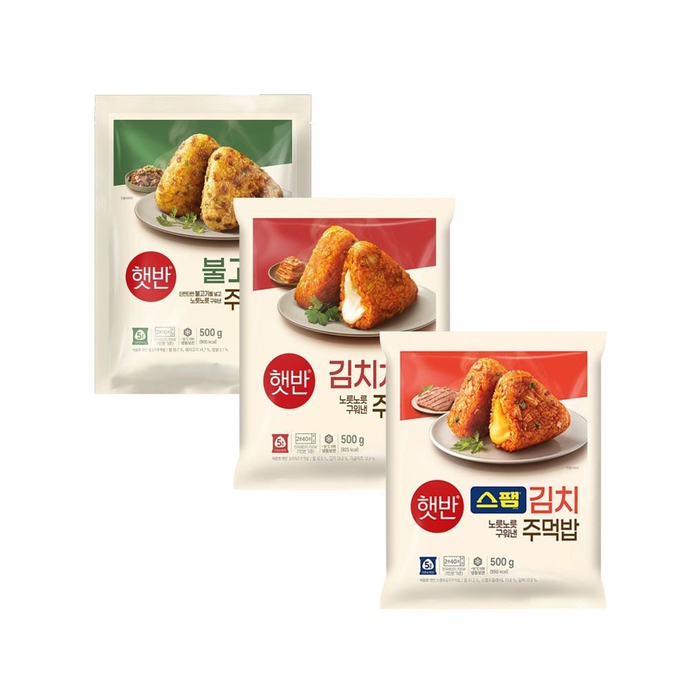 CJ제일제당 햇반 쿡반 주먹밥 500g 불고기 x1개+김치치즈 x1개+스팸김치 x1개