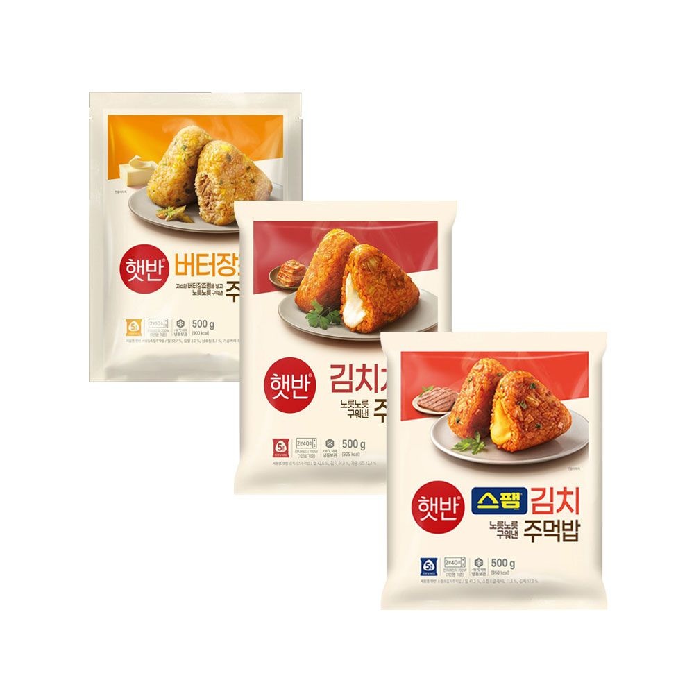 CJ제일제당 햇반 쿡반 주먹밥 500g 버터장조림 x1개+김치치즈 x1개+스팸김치 x1개