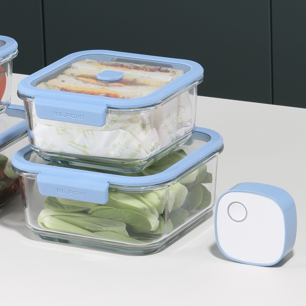 네오플램 베큐씰 진공 내열유리 밀폐용기 정사각 2종(1000ml+1500ml)+진공 펌프 1개