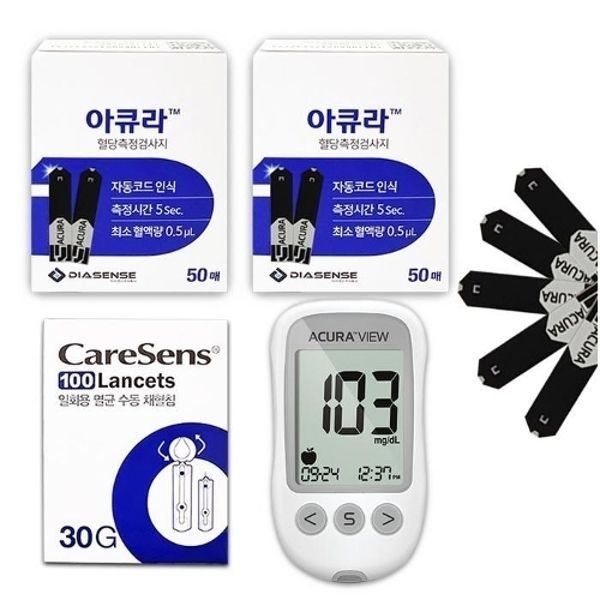 아큐라 뷰 혈당기계 + 혈당지100매 +채혈침100 검사지 측정지 체...
