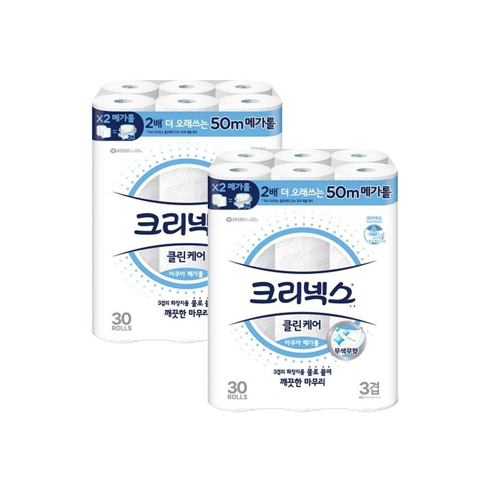 유한회사 [패션플러스][크리넥스]3겹 클린케어 아쿠아 메가롤 50M 30롤 2팩
