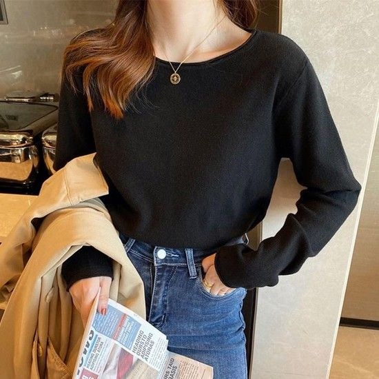 TF라운드니엣지트티셔츠 니트티 골지 베이직티 U넥 가을