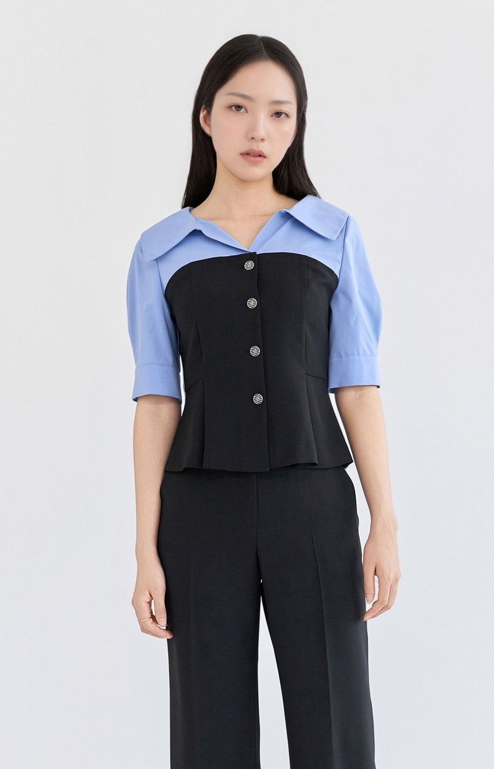 라인어디션]트롤리아 셔츠배색 블라우스 NVBLPF8900