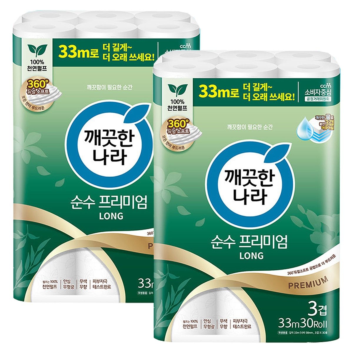 깨끗한나라 순수 프리미엄 3겹 데코 33m 30롤 x 2팩 롤휴지 롤화장지