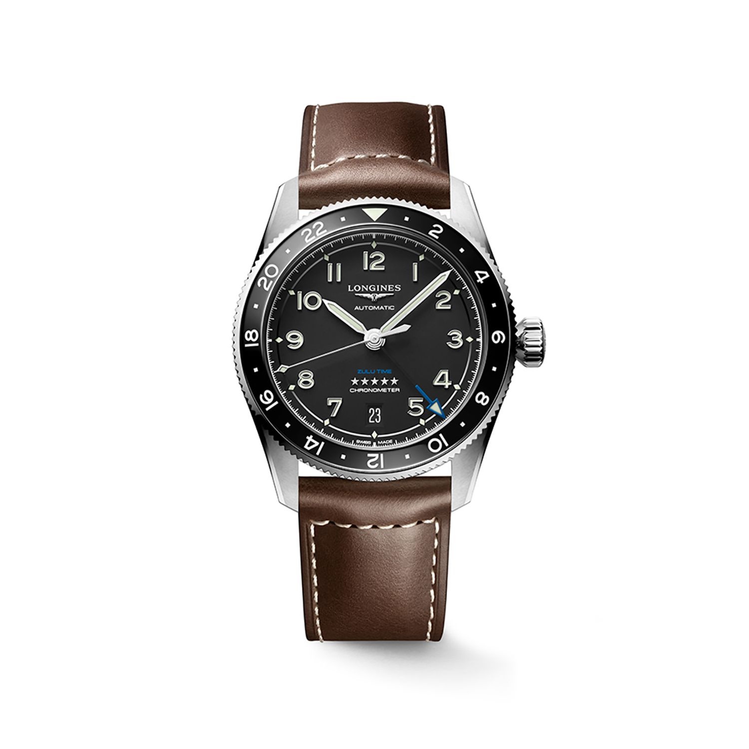 [롯데백화점] 론진 스피릿 줄루 타임 블랙 다이얼 실버 핸즈 레더 스트랩 39MM L3.802.4.53.2 LE1216663040