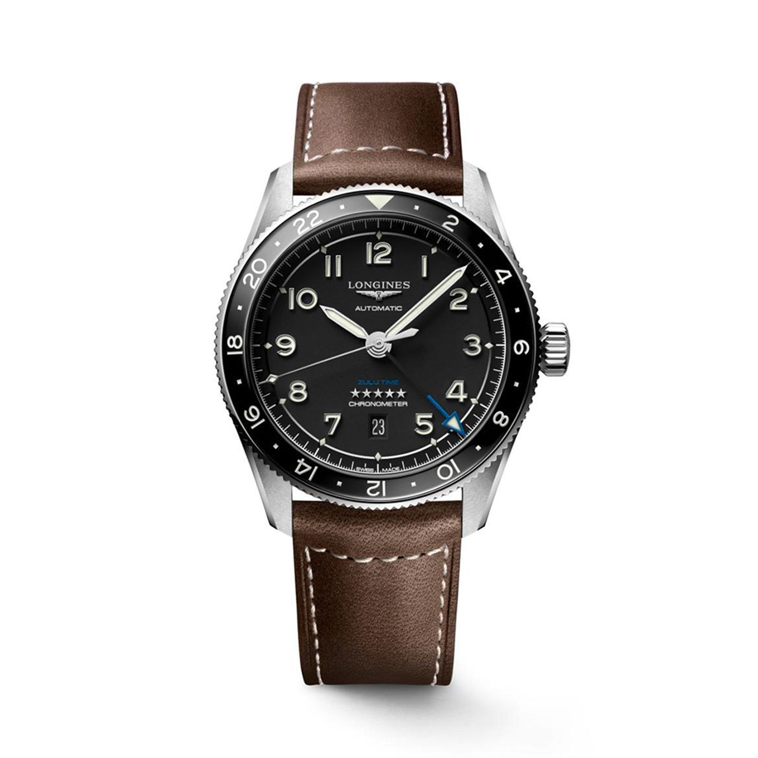 [롯데백화점] 론진 스피릿 줄루 타임 블랙 다이얼 실버 핸즈 레더 스트랩 42MM L3.812.4.53.2 LE1216664381