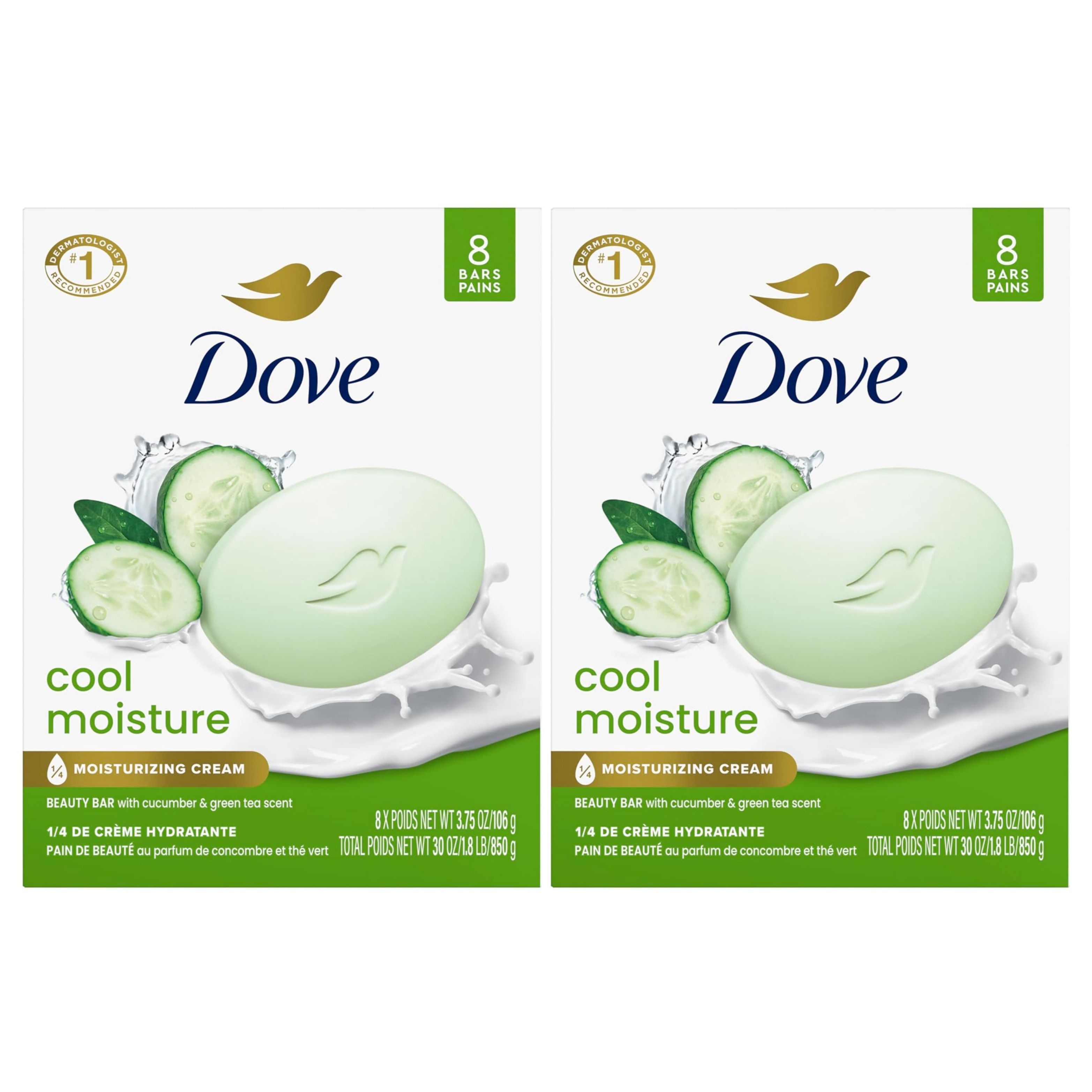 [해외] 미국산 도브 뷰티 바 쿨모이스처 오이 그린티 모이스처라이징 크림 비누 106g 8개입 2팩