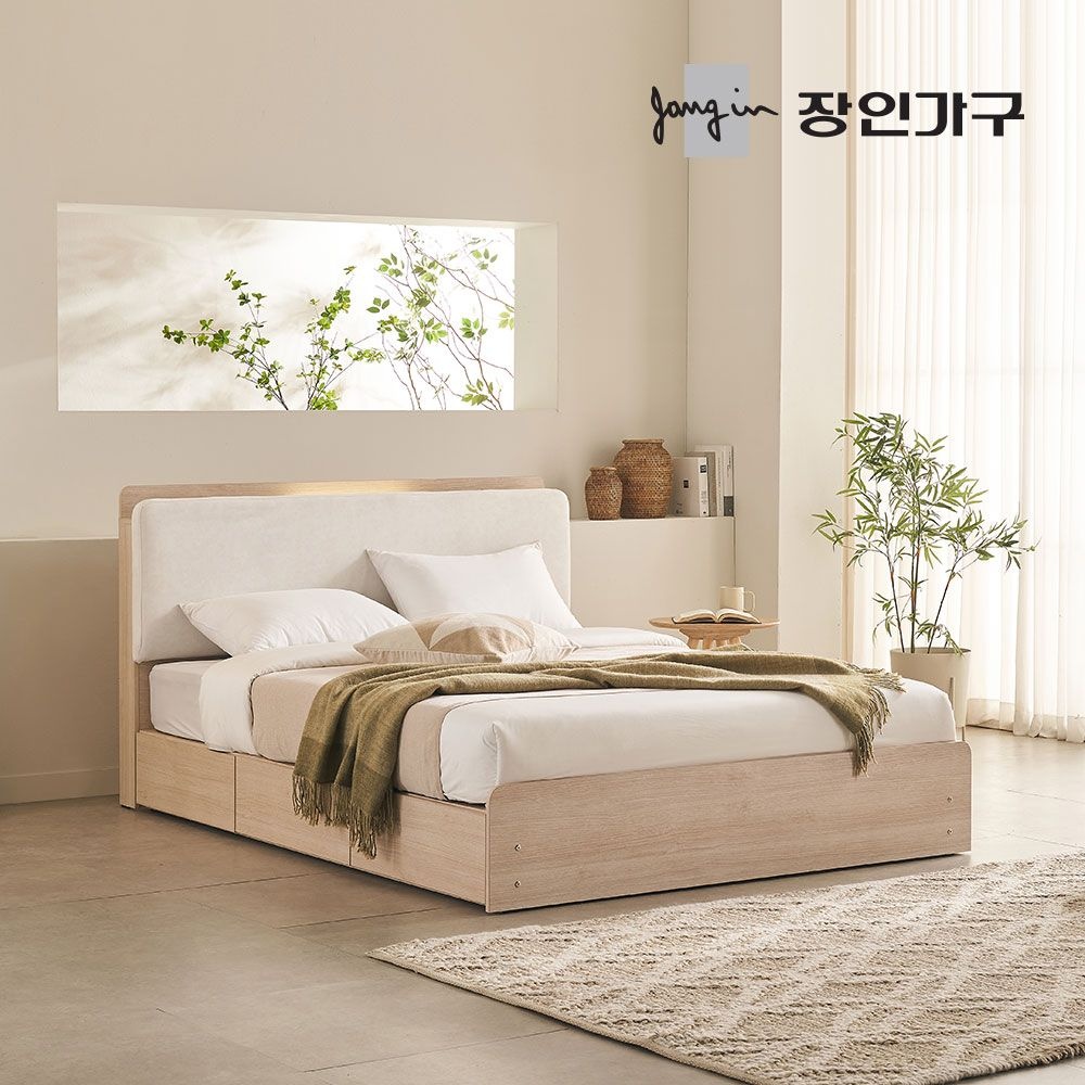 장인가구 가든 패브릭 쿠션헤드 LED 서랍형 수납침대 Q+본넬
