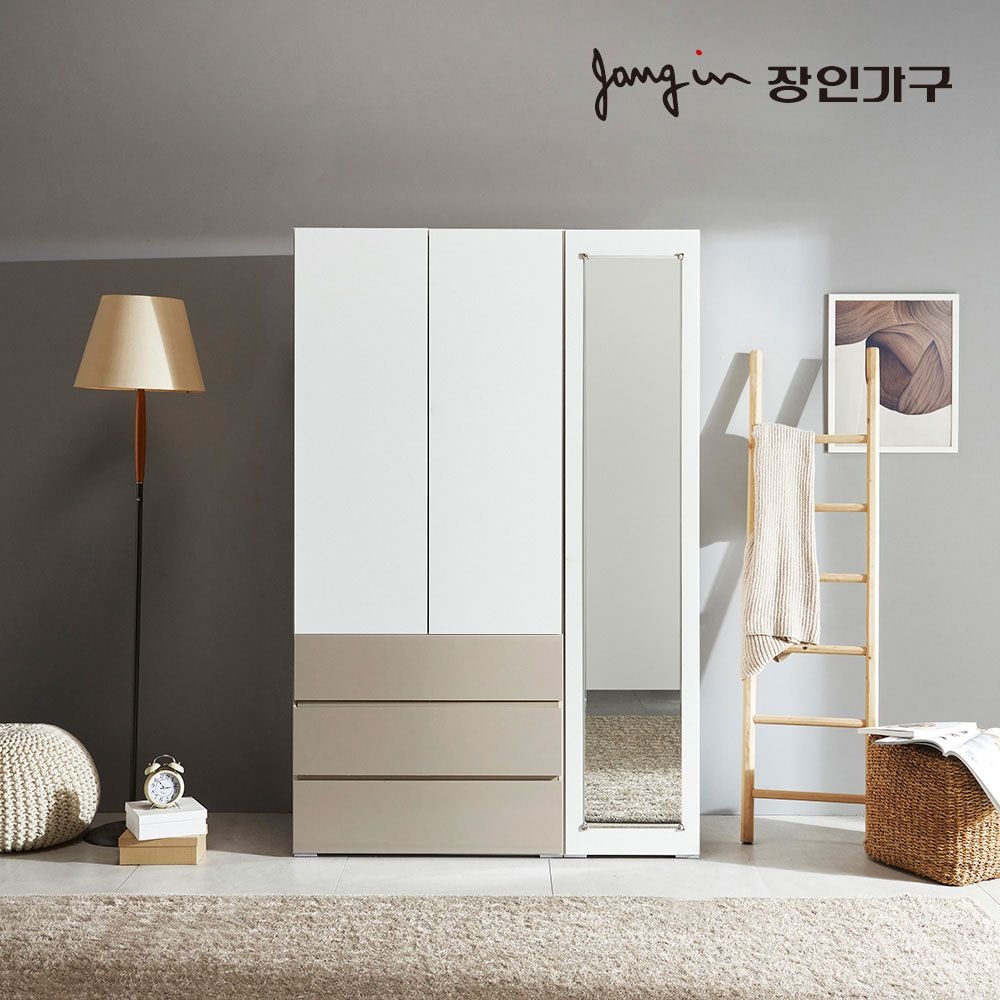 장인가구 비쥬얼 터치 3단서랍 전신거울 1200 옷장