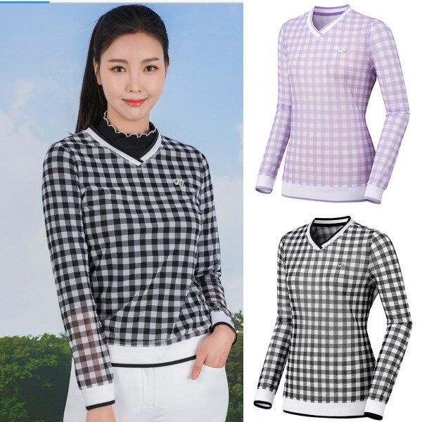 [모다아울렛][엘르골프]체크 패턴 브이넥 티셔츠 6I25301-199_SC 순천점