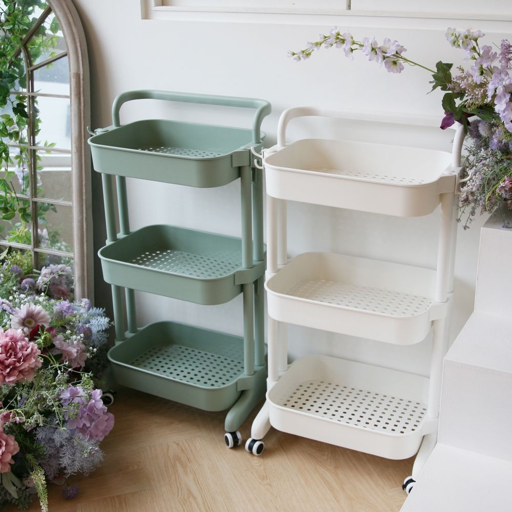 브이앤비리빙 바퀴달린 아동식 모던 파스텔 3단 트롤리 다용도 수납장 선반 화이트/민트