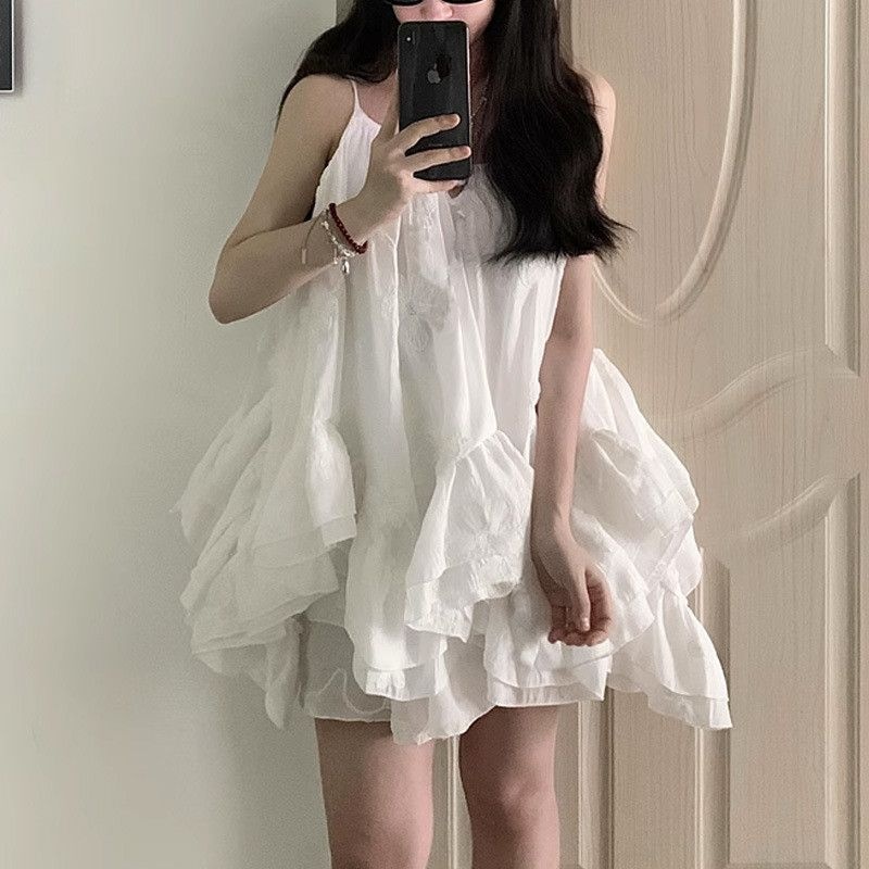 화이트 미니원피스 민소매 자수 이너웨어 레이스 레이어드 펀칭 캉캉 리본 흰원피스 휴양지 제주도 신혼여행