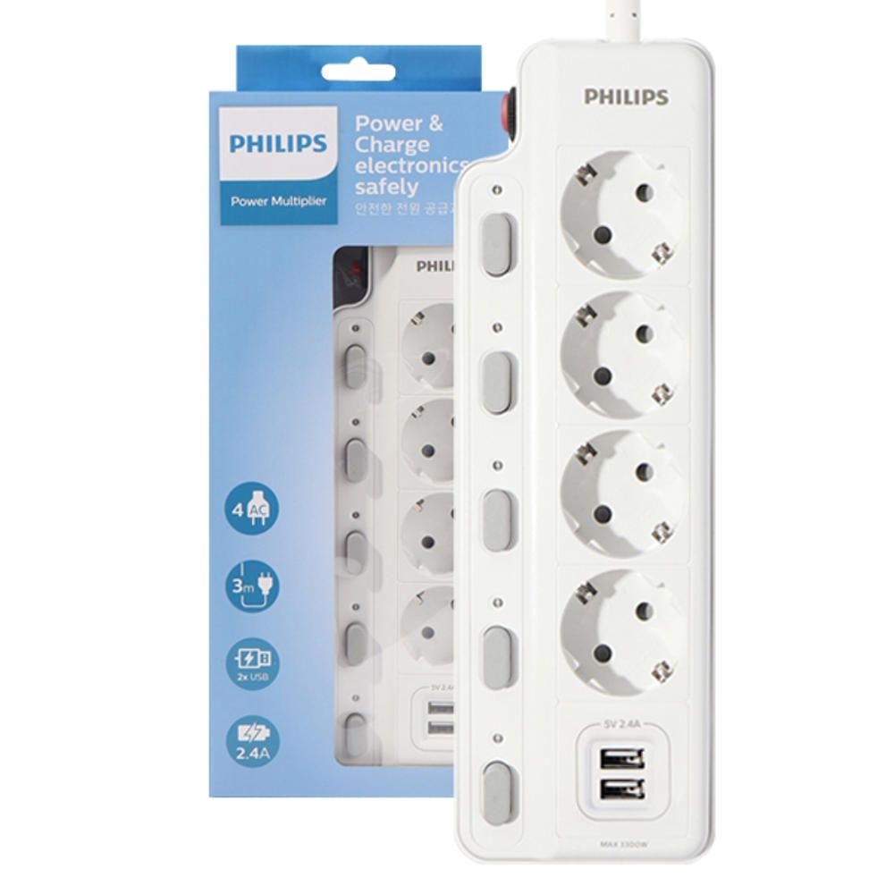 필립스 전기용품  USB멀티탭 고용량 과부하차단 개별스위치 4구, 3m, 1개