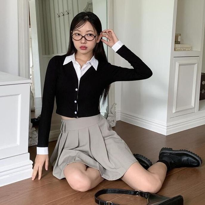 온나핏 대리자 셔츠 레이어드 슬림핏 크롭 골지 니트