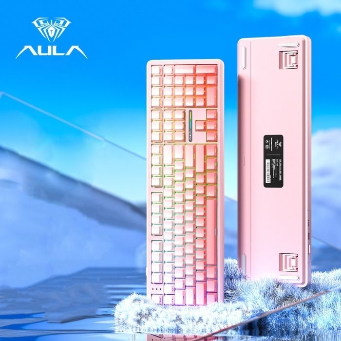 [해외] AULA 독거미 F108 유무선 블루투스 기계식 키보드 풀배열 핫스왑 게이밍 사무용 핑크측각 카라멜라떼축 신제품