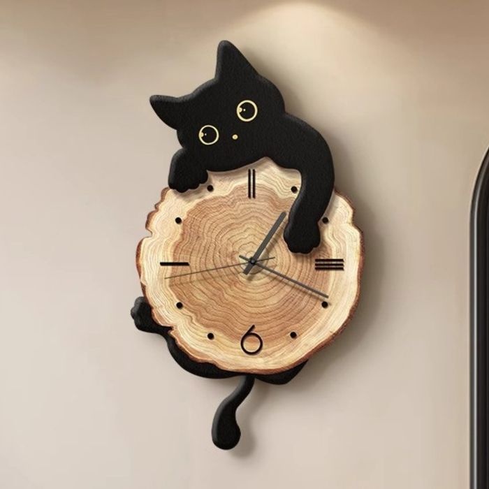 [해외] 고양이 무소음 벽시계 원목 내추럴 귀여운 디자인 주방 홈카페 포인트