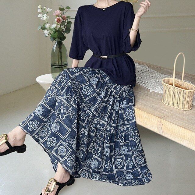 [패션플러스][핑크엘리제]7부 소매 탑 롱 스커트 세트 벨크린투피스