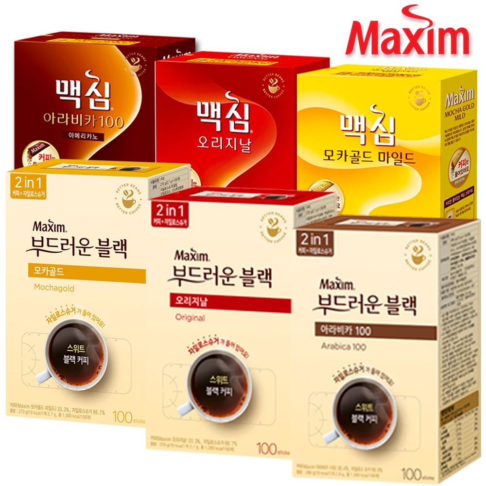 맥심 무설탕/유설탕 블랙커피 100T 6종 택 (모카골드/오리지날/아라비카) /커피믹스/아메리카노