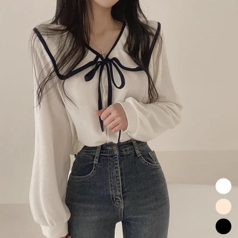 직장인 빅카라 리본묶는 긴팔 블라우스 봄 판매원 아르바이트
