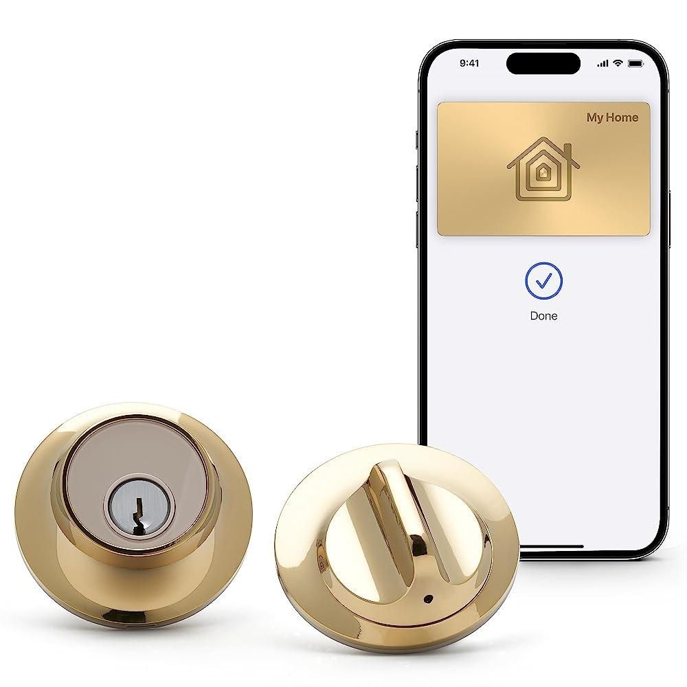 [해외] Level Lock+ 데드볼트 스마트 락 - 세계에서 가장 작은 및 애플 홈 키 iOS 안드로이드용 앱 홈과 호환 (광택 황동) 243935