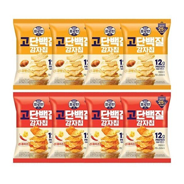 [롯데웰푸드]이지프로틴 고단백질 감자칩 소금빵맛 50g x4개 + 매콤치즈맛 50g x4개