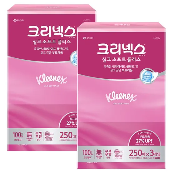 크리넥스 실크소프트 250매x3입 x 2팩 미용티슈 각티슈