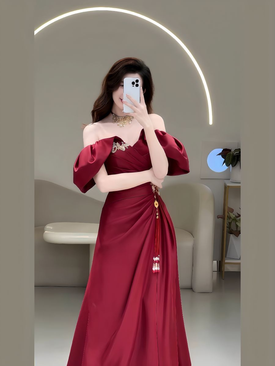 [해외] 고급 레드 오프숄더 드레스 여성용 파티드레스 하객룩 이브닝원피스 연말연시 행사룩 격식있는룩