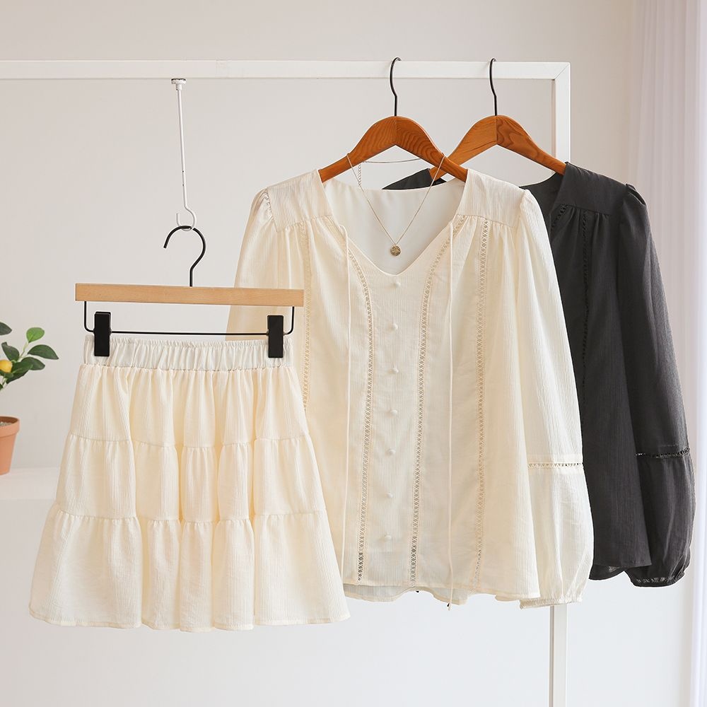 잇수다 알그레 스트랩 벌룬 블라우스 + 밴딩 캉캉 스커트 투피스 세트