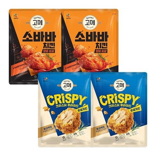 CJ제일제당 고메 소바바 양념 순살 375G X 2 + 고메 크리스피 후라이드 순살치킨 350G X 2