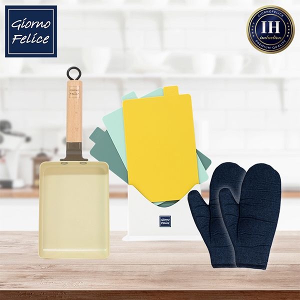 죠르노펠리체 [죠르노펠리체] IH 사각 계란말이팬 13.5x18.5cm(브라운)+인덱스도마 3P 세트+멀티 글러브 2P GF-ISBICBMG2