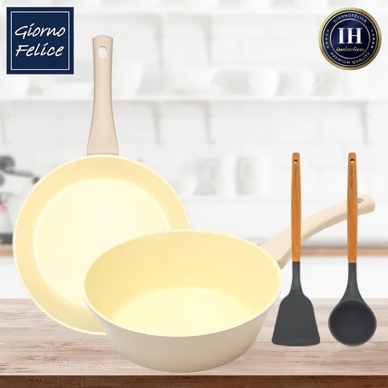IH 하모니 멀티 프라이팬 28cm+웍팬 28cm+우드 핸들 실리콘 뒤집개+국자 GF-IM8WSSTSLD