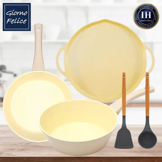 IH 하모니 멀티 프라이팬 28cm+웍팬 28cm+그리들 34cm 옐로+우드 핸들 실리콘 뒤집개+국자 GF-IM8WIGYSSTSLD