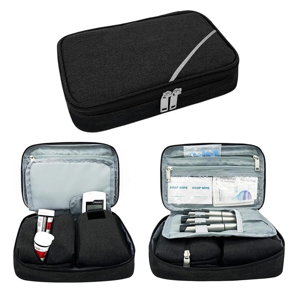 NENYX 포도당 측정기, 약물 및 기타 당뇨병 용품용 휴대용 당뇨병 용품 가방, 탈착식 보관 파우치 2개가 있는 당뇨