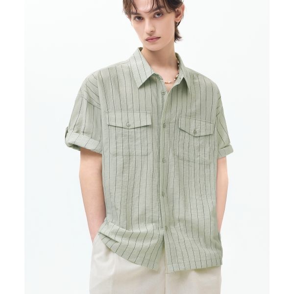 TRILLION 트릴리온 TRILLION 섬머 스트라이프 오버핏 롤 업 반팔 셔츠 라이트 카키