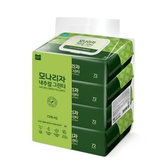 모나리자 내추럴 그린티 물티슈 캡형 72매x4입 티슈 각티슈 두루마리 기저귀