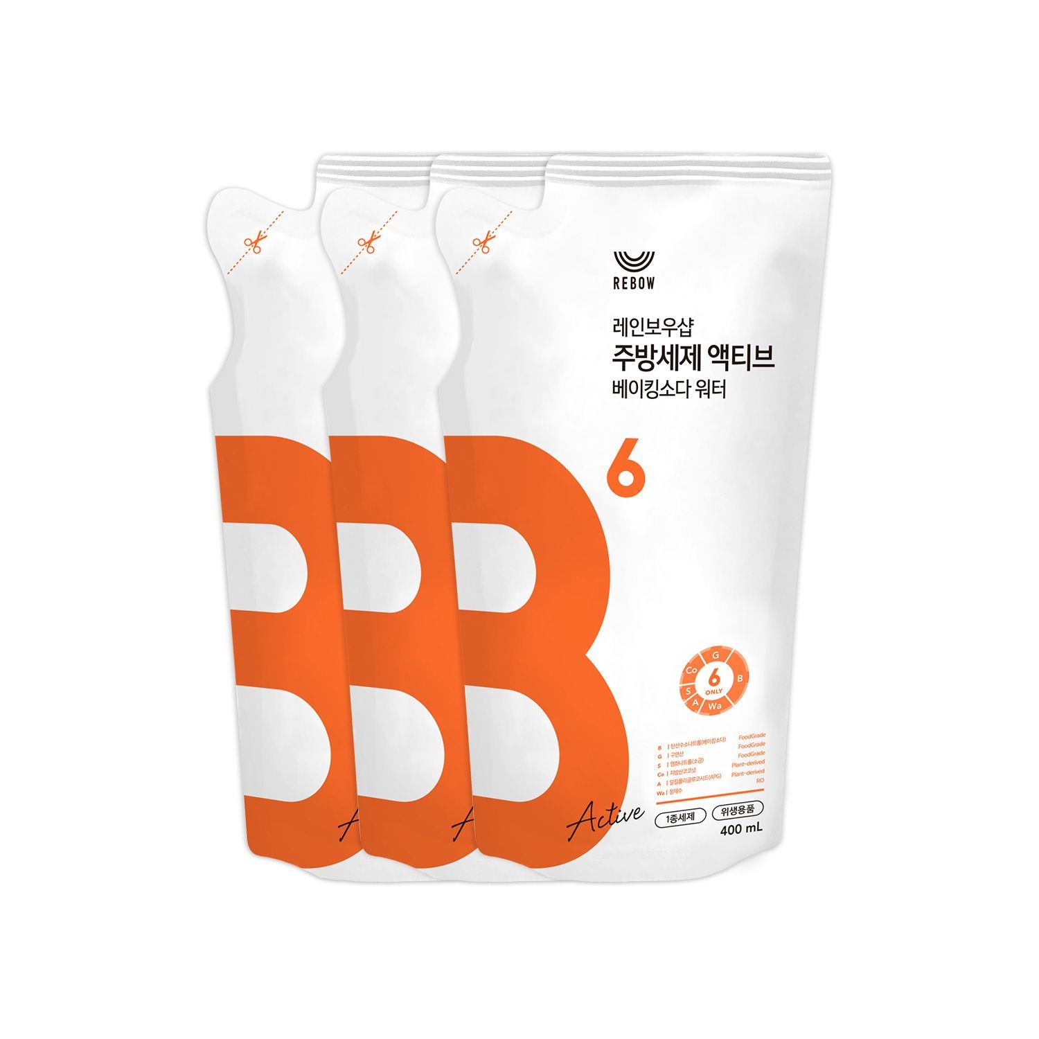 레인보우샵 주방세제 베이킹소다 워터 액티브 400ml 리필 3개 총 1.2L