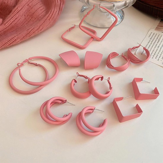 핑크 링 사각 실버 순은 925 드롭 귀여운 심플 원 터치 귀걸이